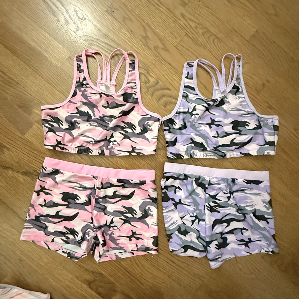 Pink and Purple Camouflage Sports Bra and Shorts Set